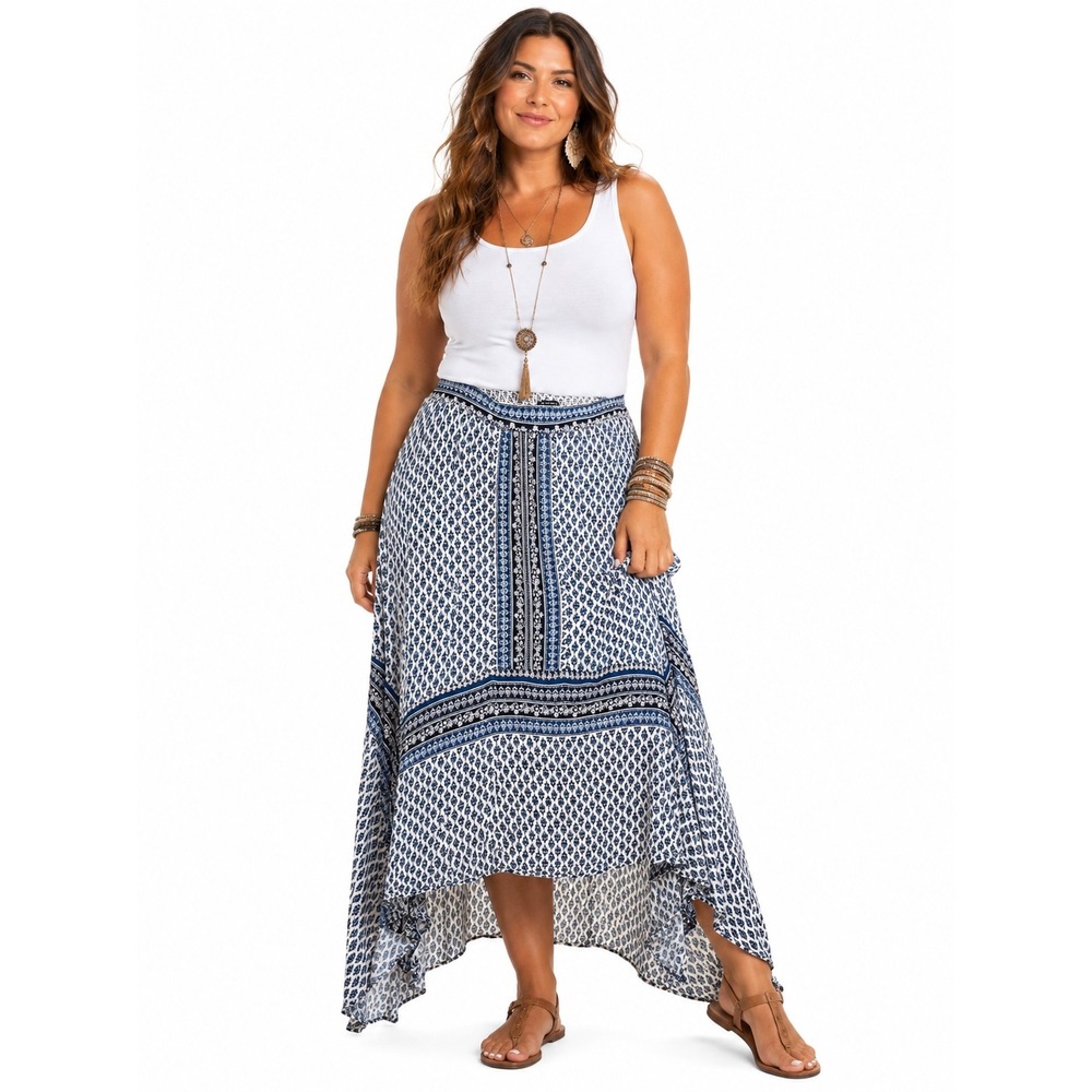 New Directions Blue White Tile Print Handkerchief Maxi Skirt 1X‎ Peasant Boho